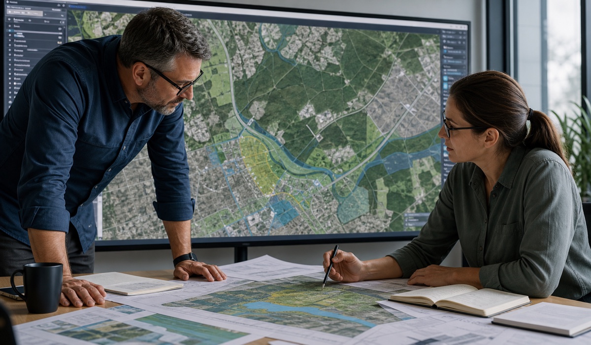 GIS and environmental planning team reviewing layered site maps