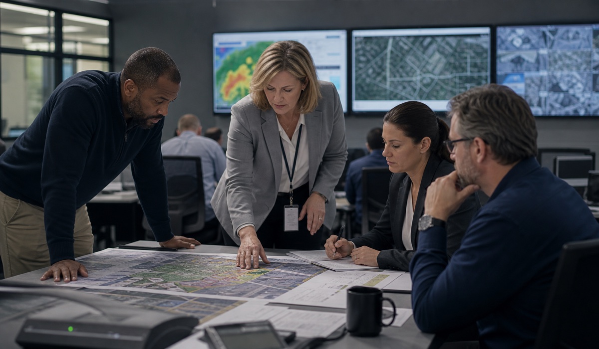 Emergency operations team coordinating risk, security and continuity planning