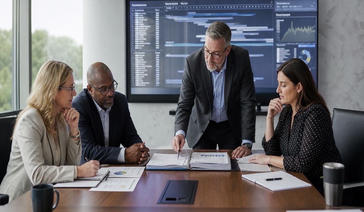 Program management team reviewing contract controls and delivery milestones