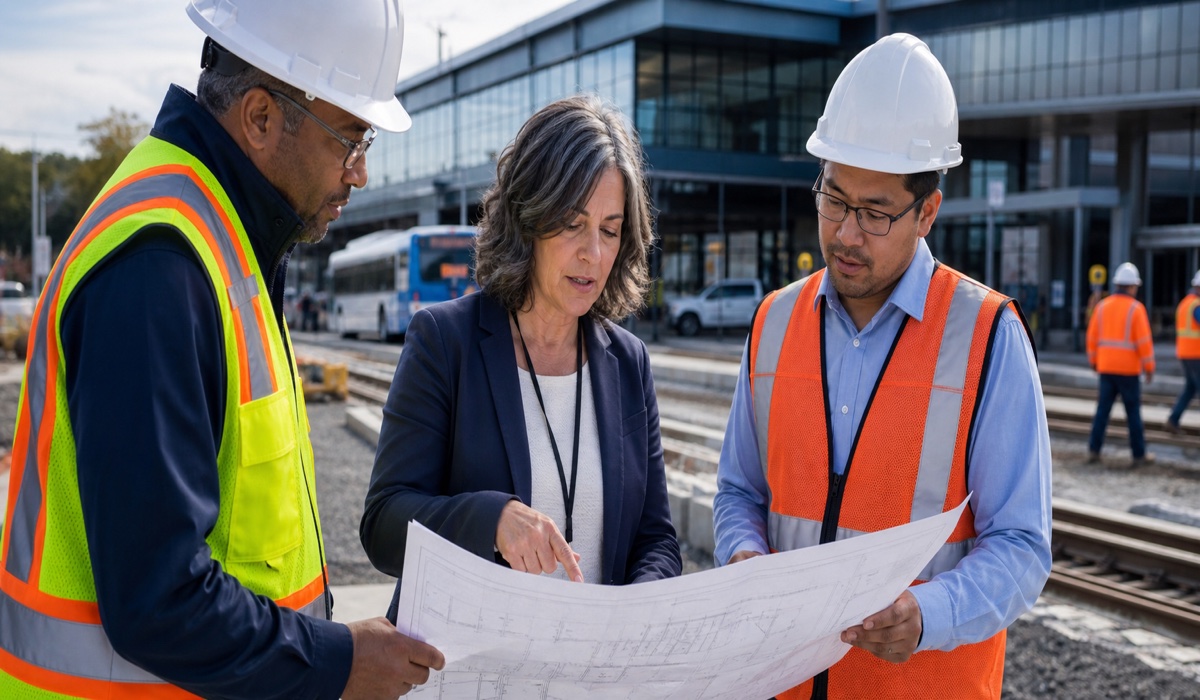 Public-sector infrastructure team reviewing transit project plans